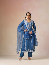 trueBrowns Blue Embroidered Round Neck Straight Kurta 3pc Set