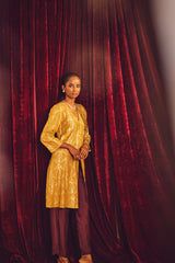 trueBrowns Mustard Gold Foil Print Muslin Silk Fit And Flared Kurta co-ord Set