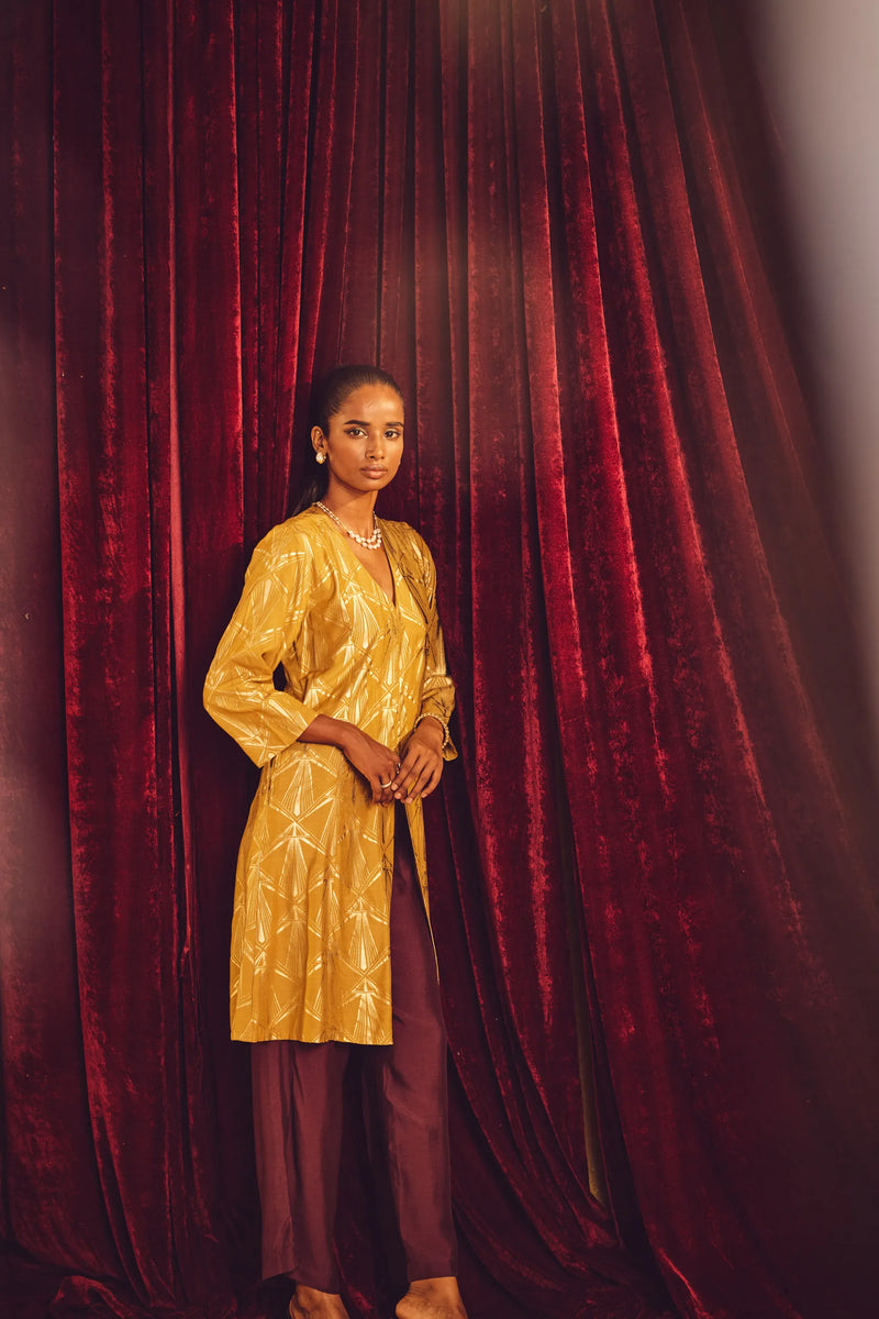 trueBrowns Mustard Gold Foil Print Muslin Silk Fit And Flared Kurta co-ord Set