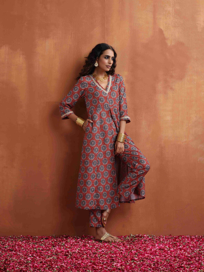 trueBrowns Rust Ajrak Print Slit Kurta Set