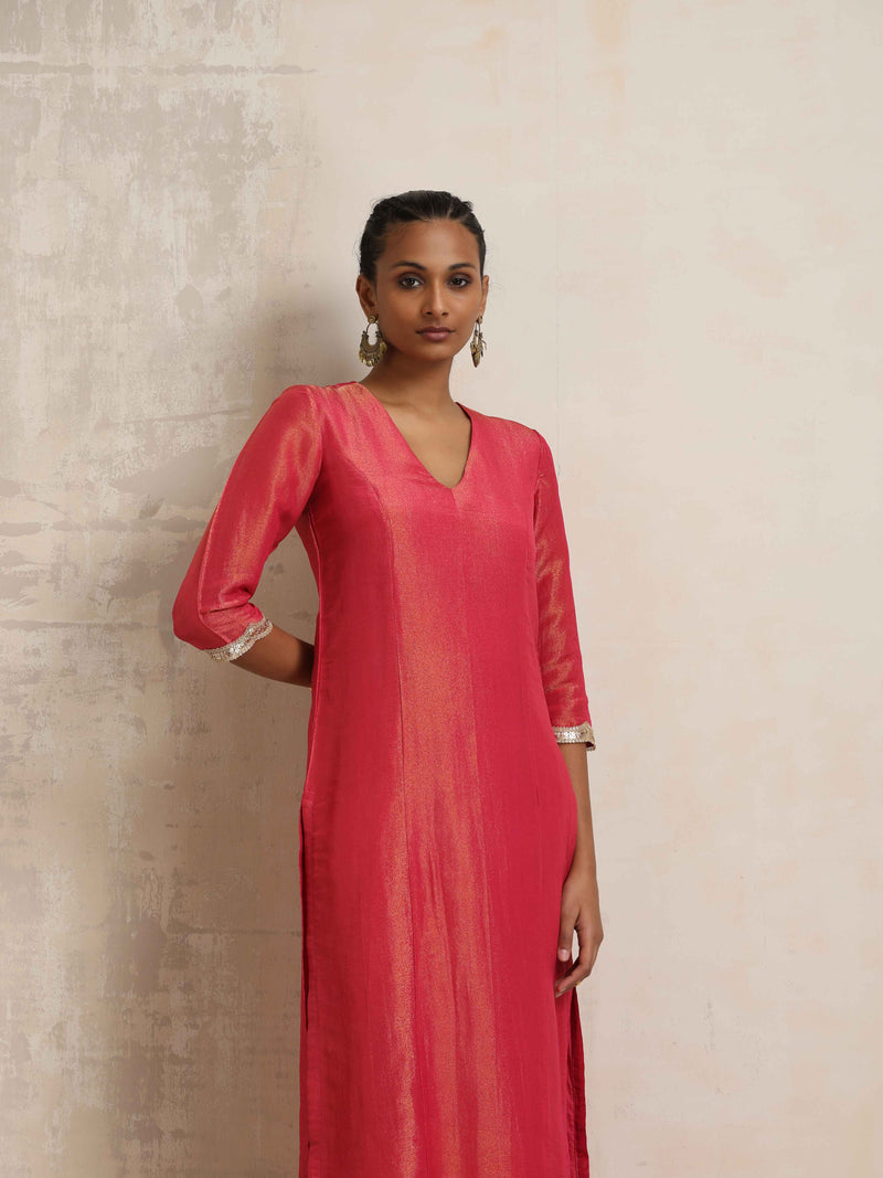 trueBrowns Hot Pink Tissue Straight Kurta Set