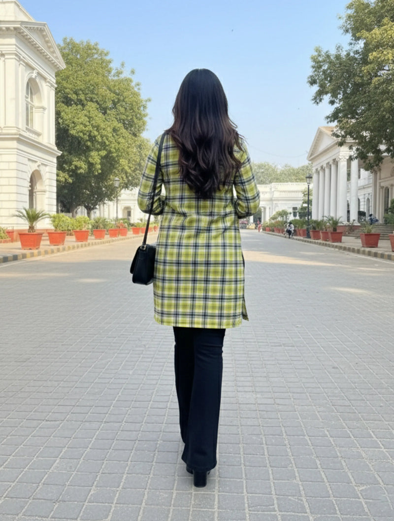 trueBrowns Lime Check High Slit Kurta