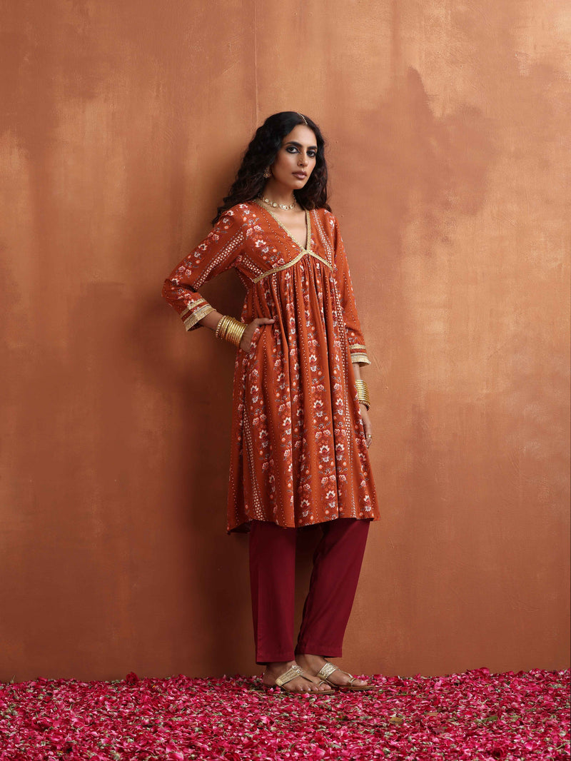 trueBrowns Orange Print Anarkali Kurta Co-ord Set