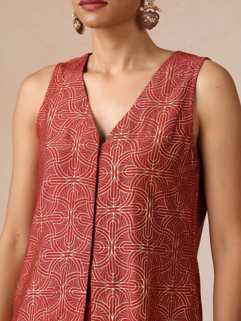 trueBrowns Red Gold Foil Print Jacket and Flared Pants Co-ord Set