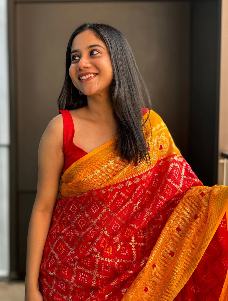 trueBrowns Red Kota Bandhani Saree With Unstitched Blouse