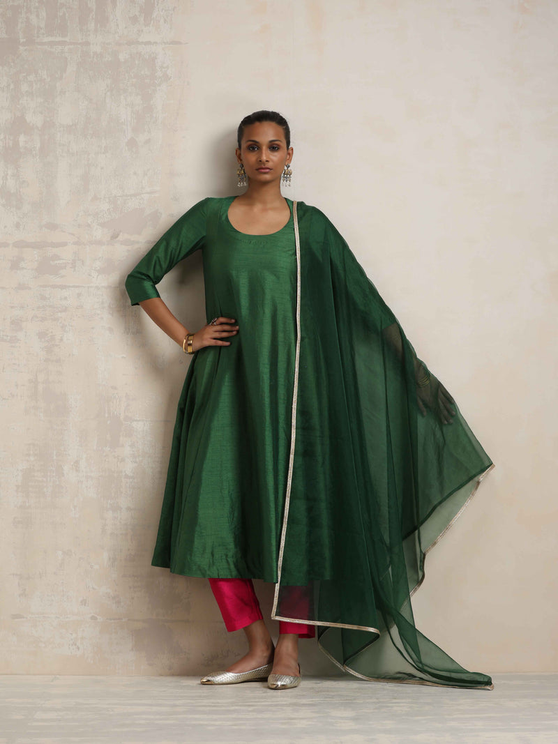 trueBrowns Dark Green Anarkali Kurta Pant Dupatta Set