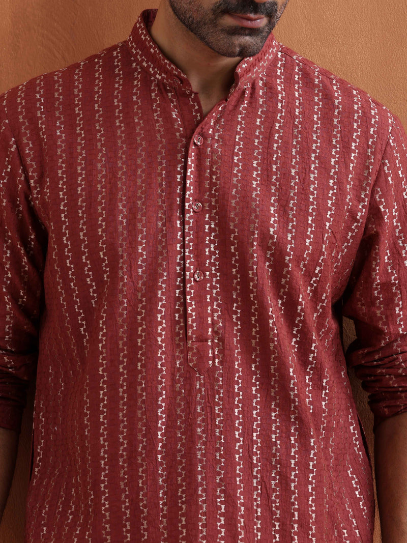 trueBrowns Men's Rust Cotton Dobby Kurta