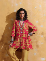 trueBrowns Red Mustard Jaal Print Muslin SIlk A-Line Co-ord Set