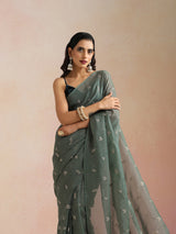 trueBrowns Turquoise All Over Embroidered Saree With Unstitched Blouse