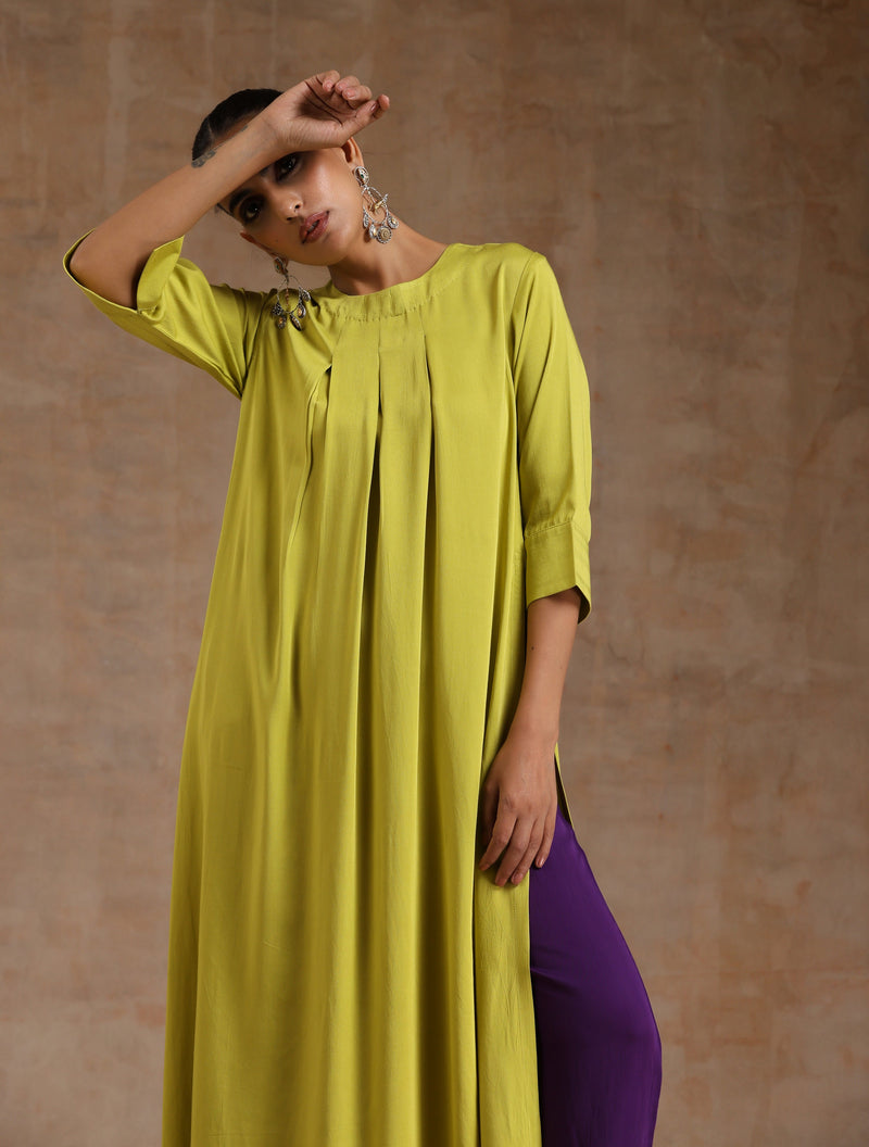 Lime Modal Satin Neck Pleat Kurta Set