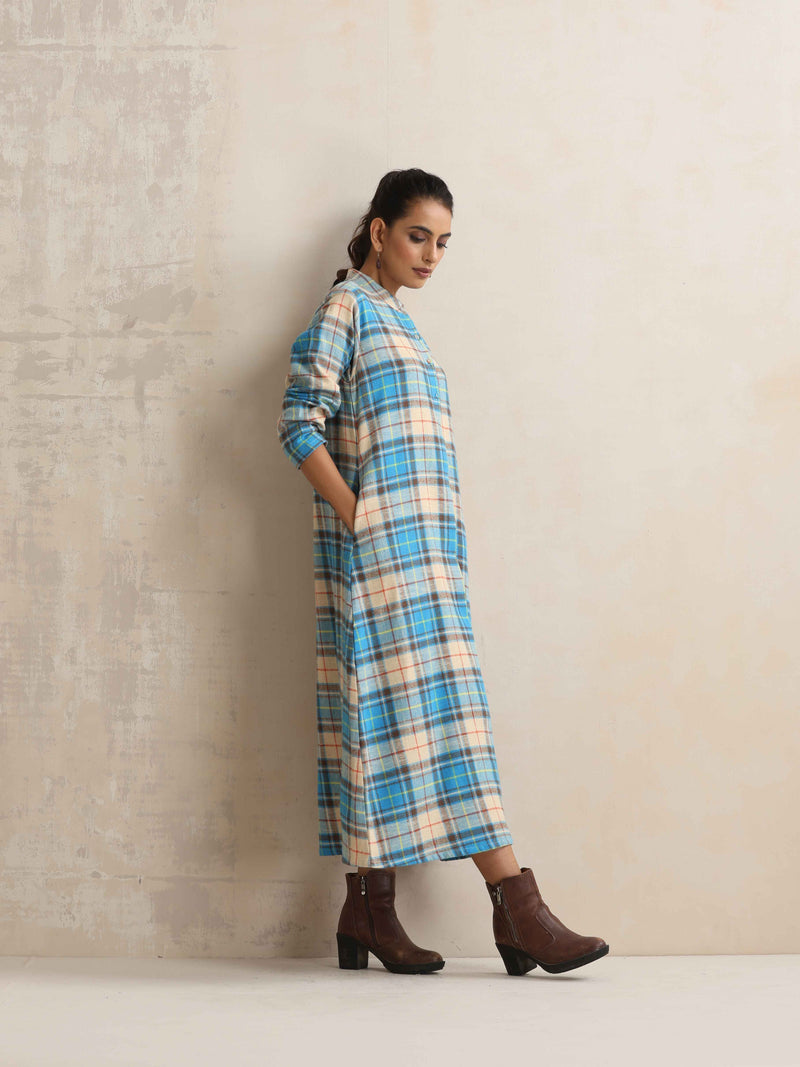 trueBrowns Beige Check Flared Winter Dress