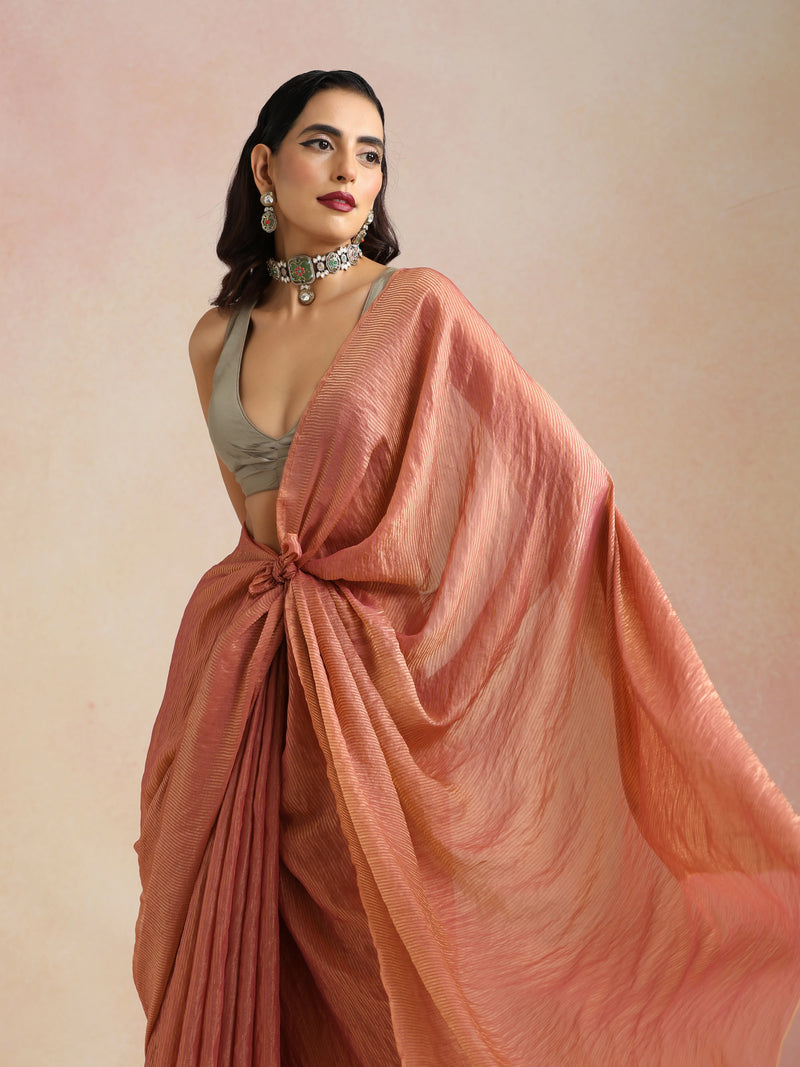 trueBrowns Pink Tissue Stripe Saree With Unstitched Blouse