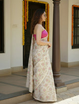 trueBrowns Beige Foil Print Saree With Unstitched Blouse