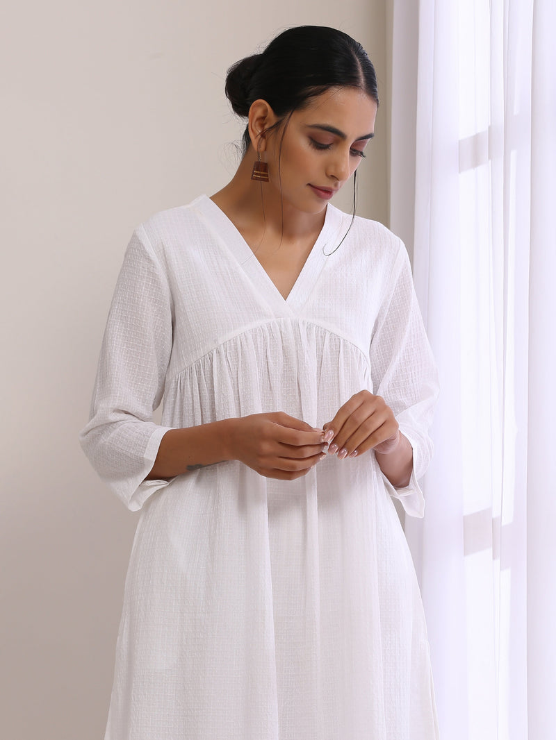 White Dobby Flared Slit Kurta Pant Set