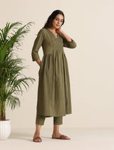 trueBrowns Olive Cotton Cutwork Embroidered Kurta Set