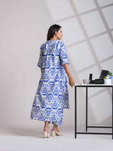 trueBrowns Blue Cotton Ikat High-Low Kurta Pant Set