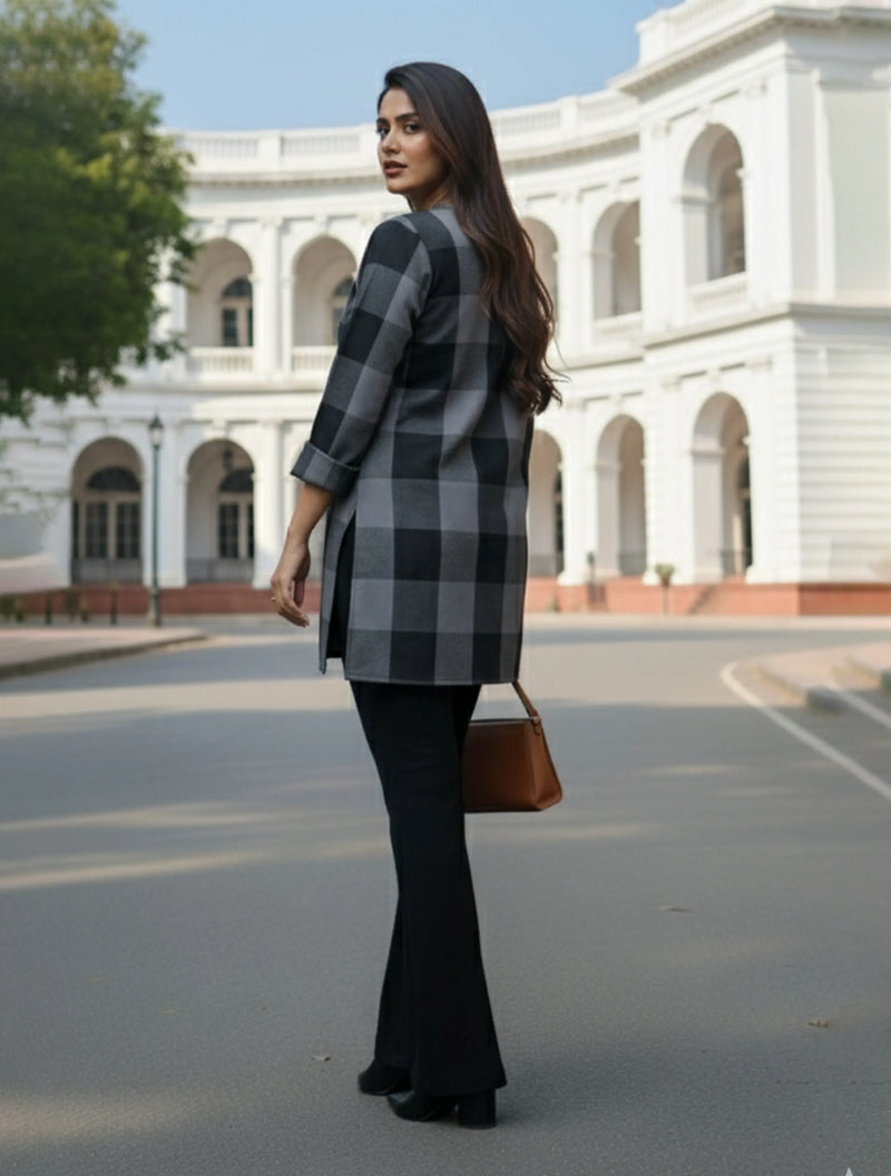trueBrowns Black Check High Slit Kurta