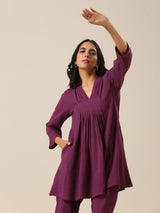 Plum Purple Slub Texture Pleated Co-Ord Set