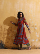 trueBrowns Rust Red Green Floral Print Muslin Silk Angrakha Kurta Set