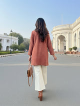 trueBrowns Maroon Check Round V-Neck Top