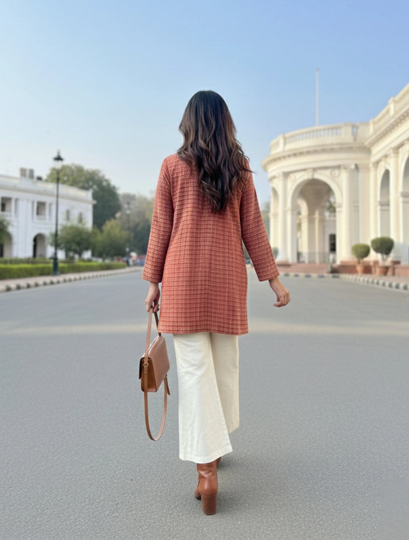 trueBrowns Maroon Check Round V-Neck Top