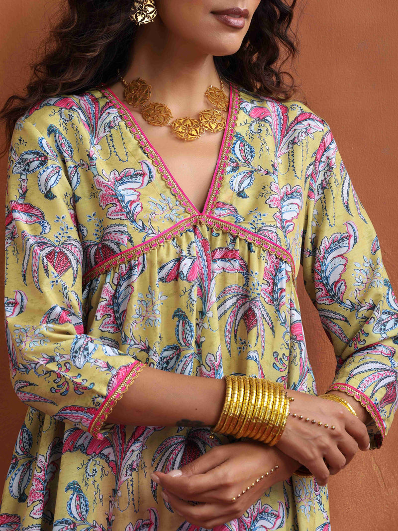 trueBrowns Yellow Print Anarkali Kurta Co-ord Set