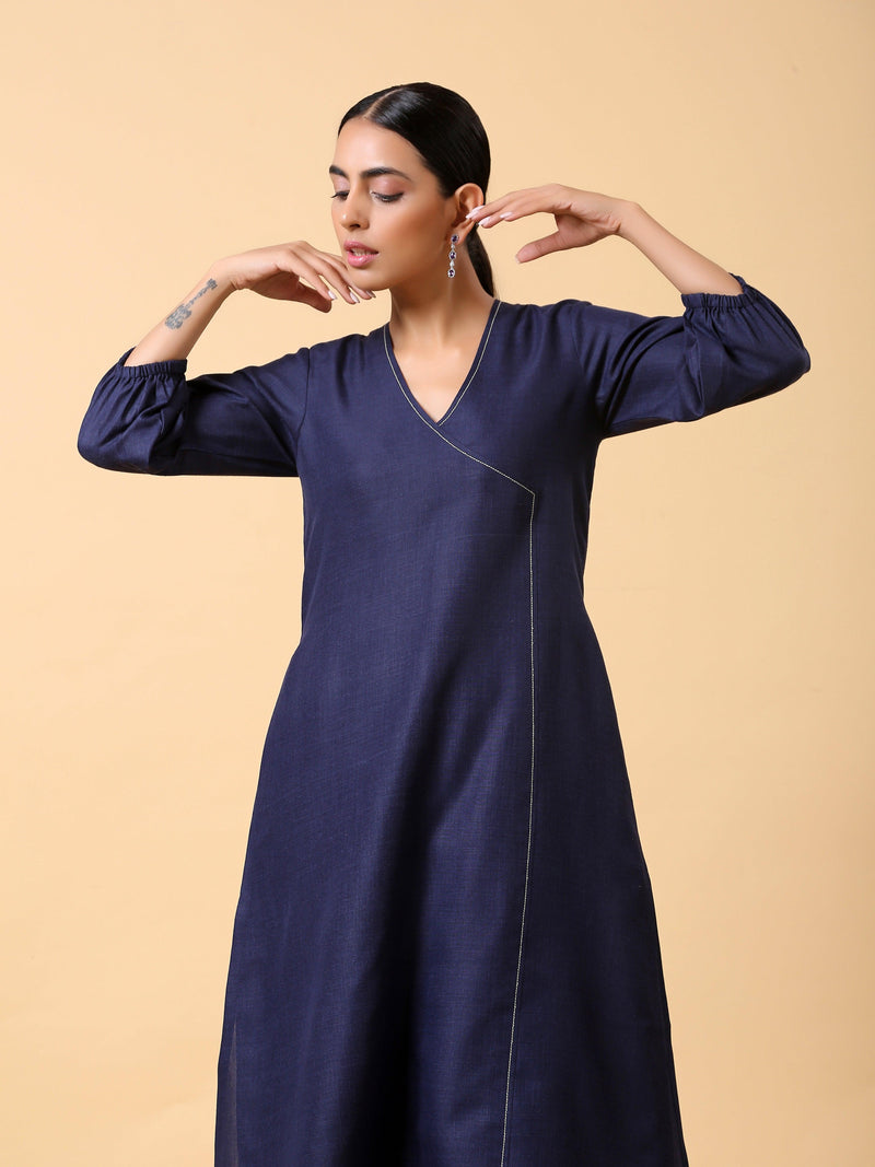 Cotton Linen Dark Blue Kurta Pant Set - trueBrowns