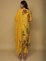 trueBrowns Mustard Floral Print Straight Kurta Pant Dupatta Set
