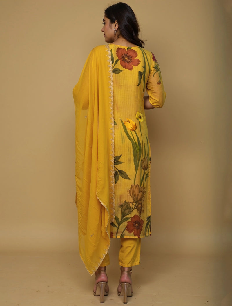 trueBrowns Mustard Floral Print Straight Kurta Pant Dupatta Set