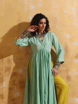 trueBrowns Mint Green Muslin Silk Anarkali Kurta Pant Set