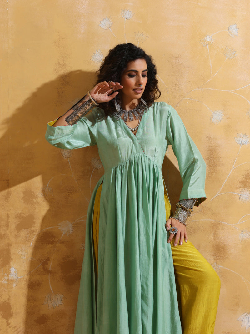 trueBrowns Mint Green Muslin Silk Anarkali Kurta Pant Set