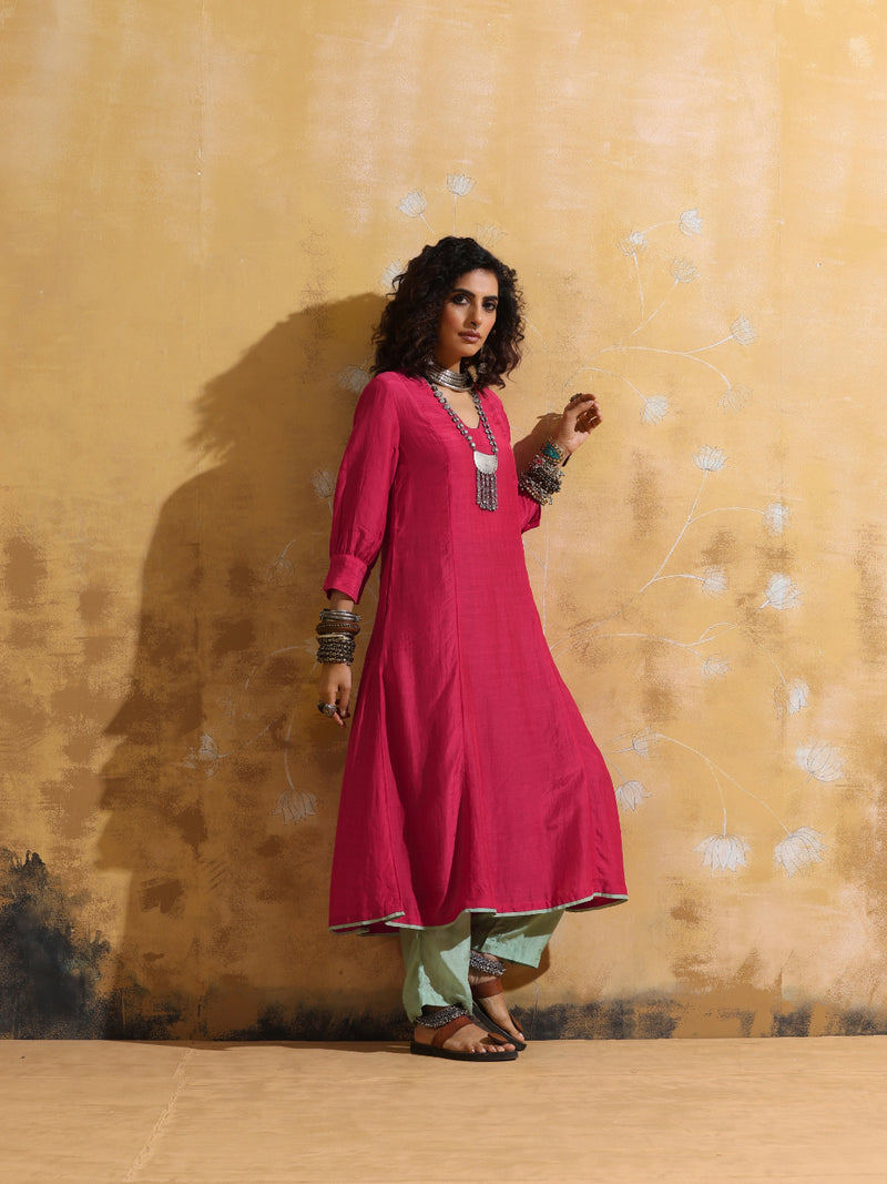 trueBrowns Pink Muslin Silk A-line Kurta Pant Set