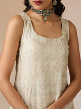 trueBrowns Ivory Brocade Sleeveless Straight Kurta Set