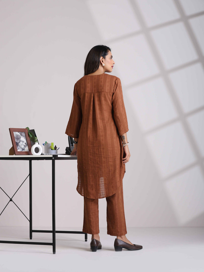 trueBrowns Brown Cotton Dobby Kurta Co-ord set