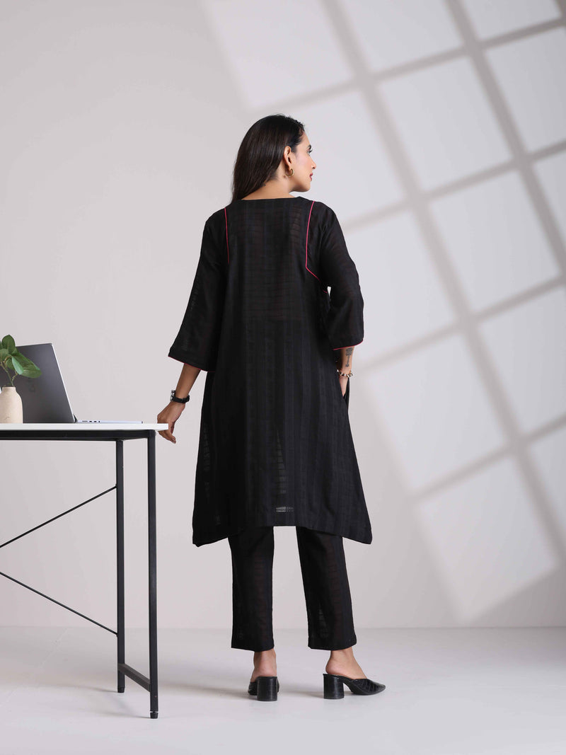 trueBrowns Black Cotton Dobby Kurta Co-ord set