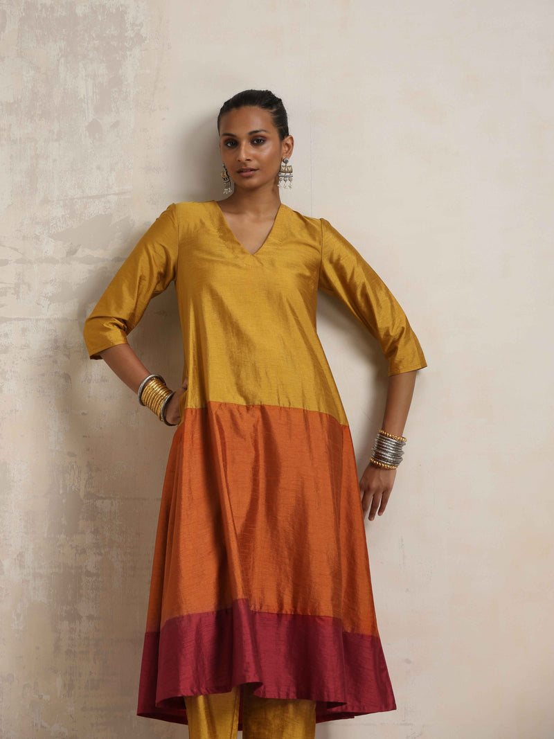 trueBrowns Gold Orange Silk A-line Kurta Set