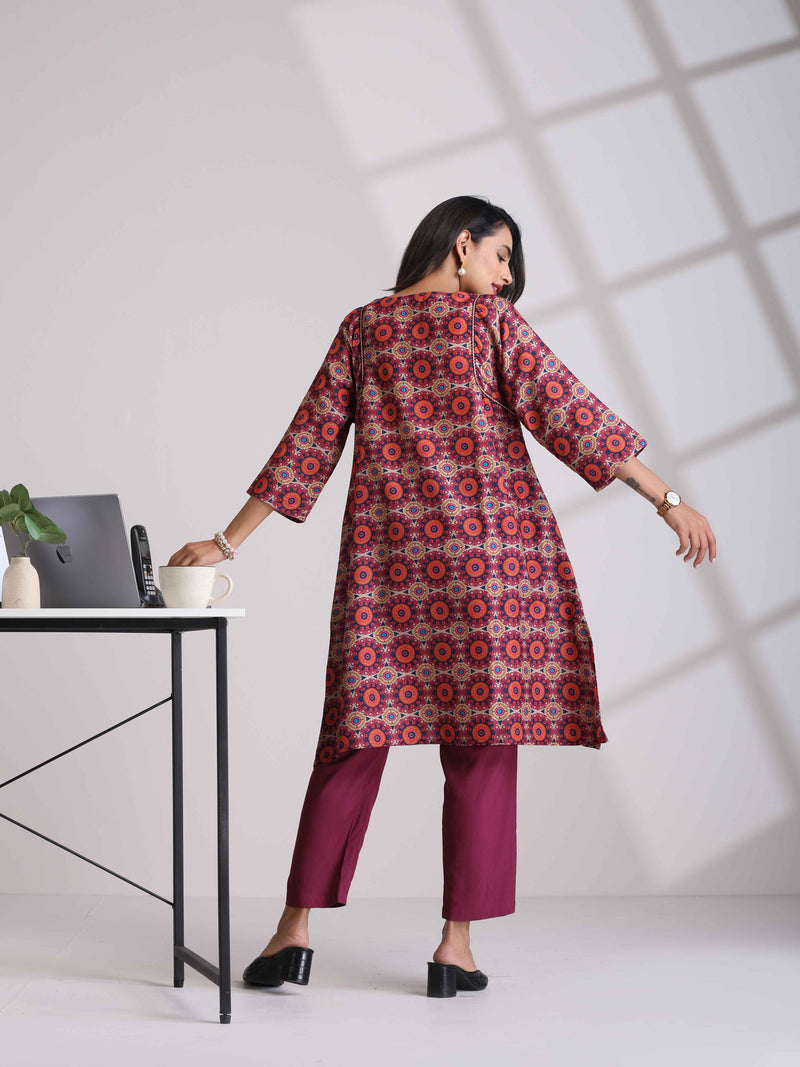 trueBrowns Beige Mandala Print Kurta Co-ord Set