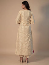 trueBrowns Ivory Brocade Straight High-Slit Kurta Set
