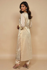 trueBrowns Ivory Zari Embroidered Straight Kurta Pant Dupatta Set