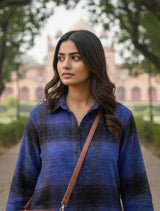 trueBrowns Purple Black Check Woollen Long Shirt Dress