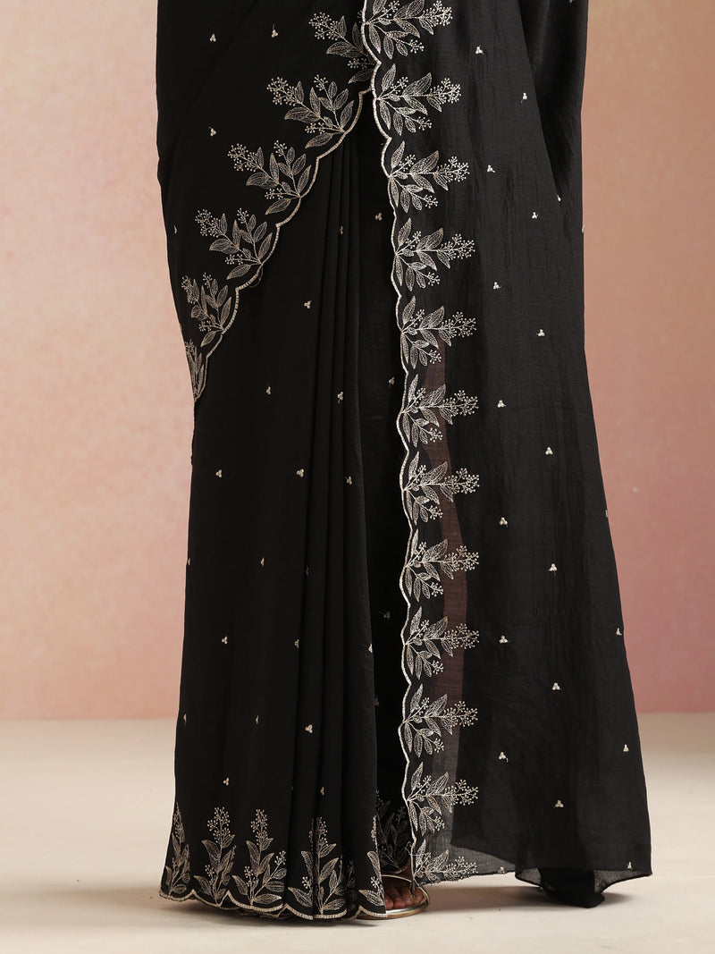 trueBrowns Black All Over Zari Embroidered Saree With Unstitched Blouse
