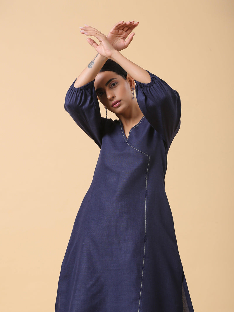 Cotton Linen Dark Blue Kurta Pant Set - trueBrowns