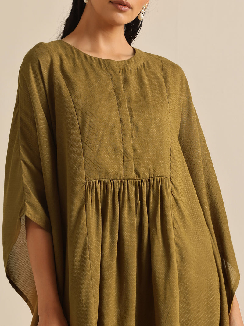 Olive Green Texture Doddy Kaftan Gathered Co-Ord Set