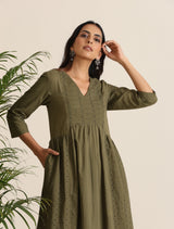 trueBrowns Olive Cotton Cutwork Embroidered Kurta Set