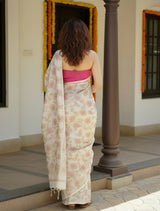 trueBrowns Beige Foil Print Saree With Unstitched Blouse