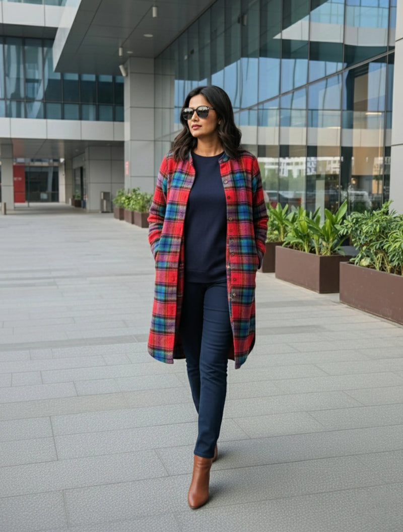trueBrowns Red Check Shirt Kurta