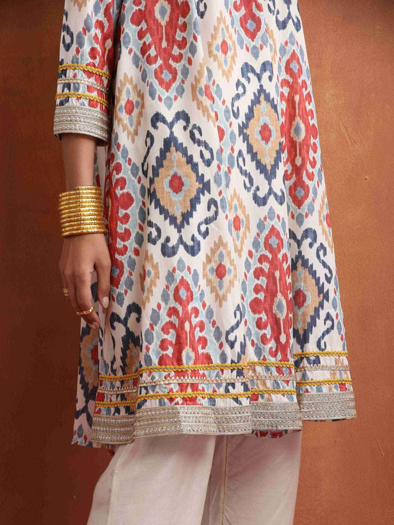 trueBrowns Off White Ikat Print Anarkali Kurta Co-ord Set