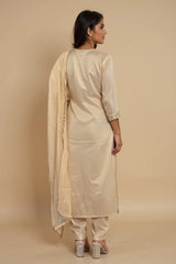 trueBrowns Ivory Zari Embroidered Straight Kurta Pant Dupatta Set