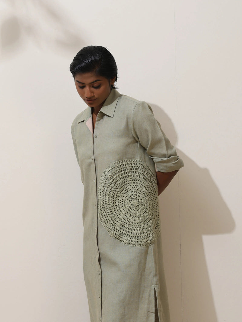 trueBrowns Fern Green Crochet Natural Cotton Kurta Pant Set