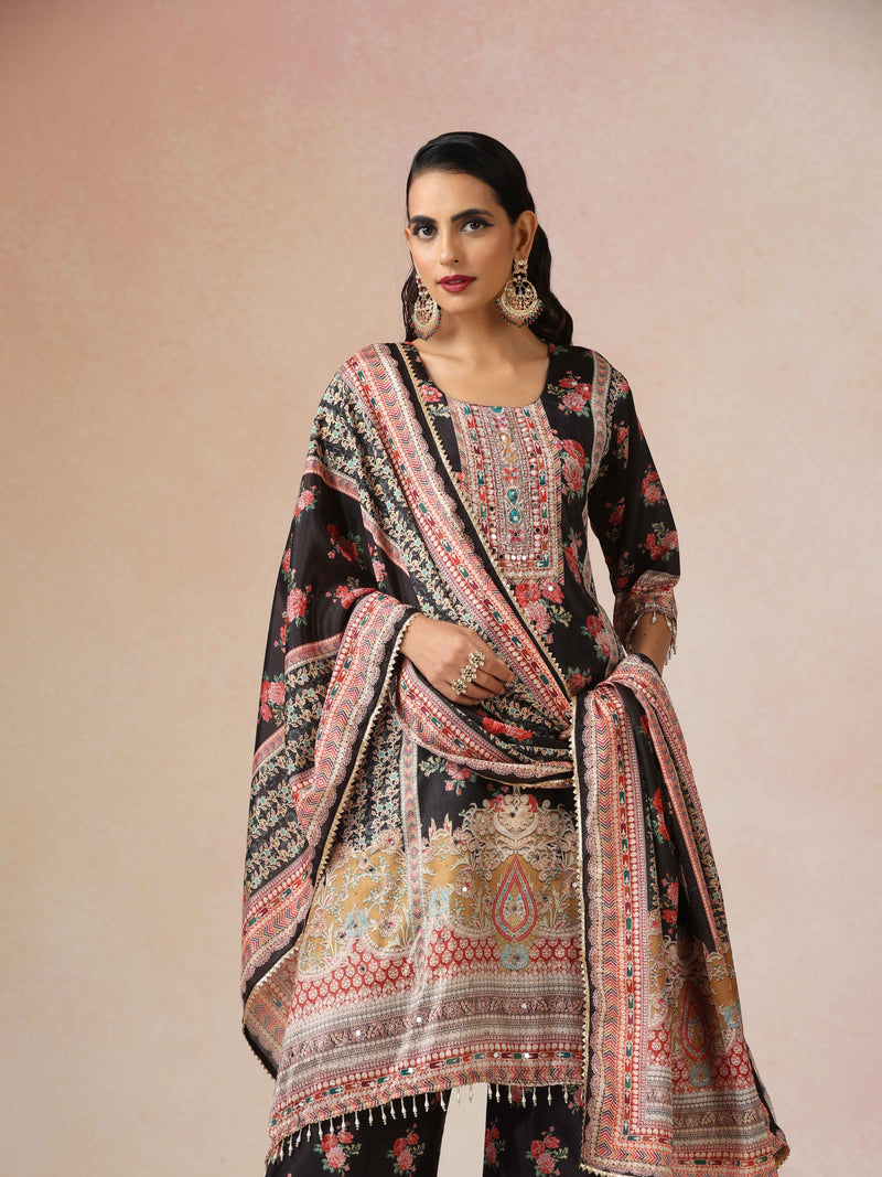 trueBrowns Black Print A-Line Kurta 3pc Set